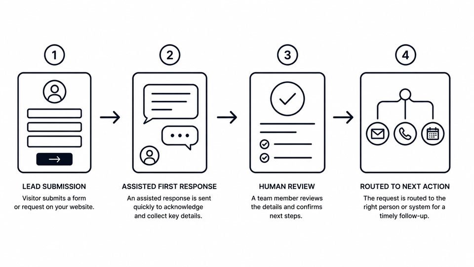Diagram showing AI workflow follow-up from first response to human handoff.